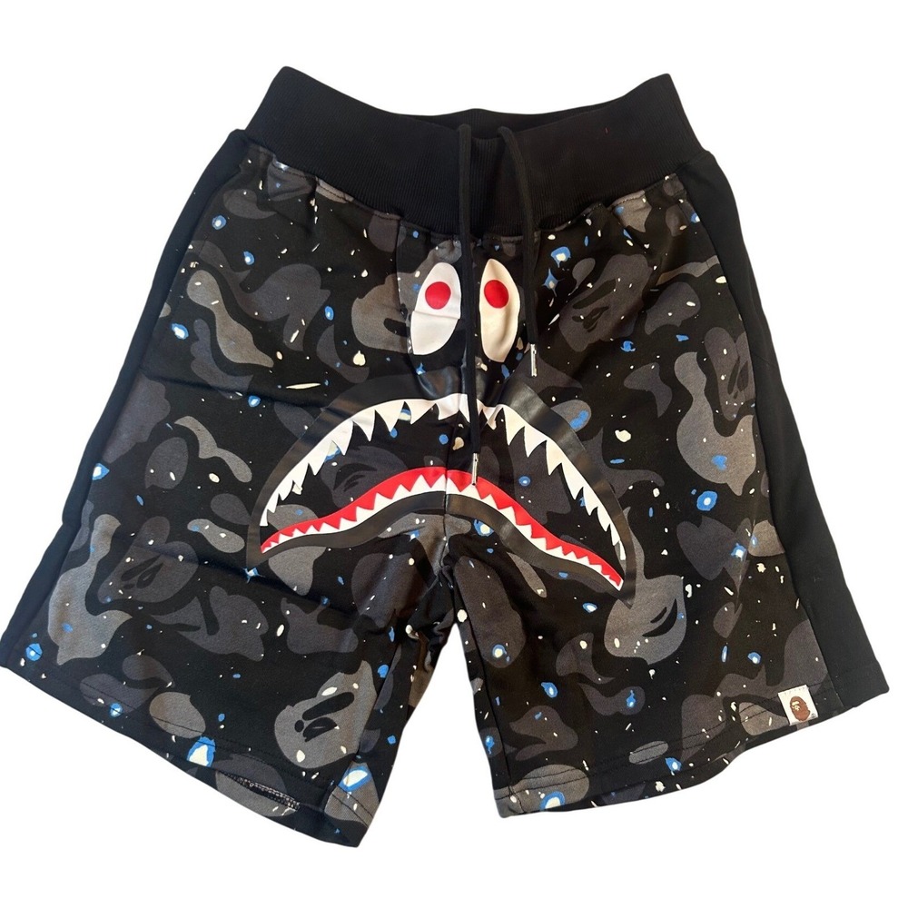 A Bathing Ape BAPE Space Camo Shark Sweat Shorts Black Galaxy Mens Size M NEW